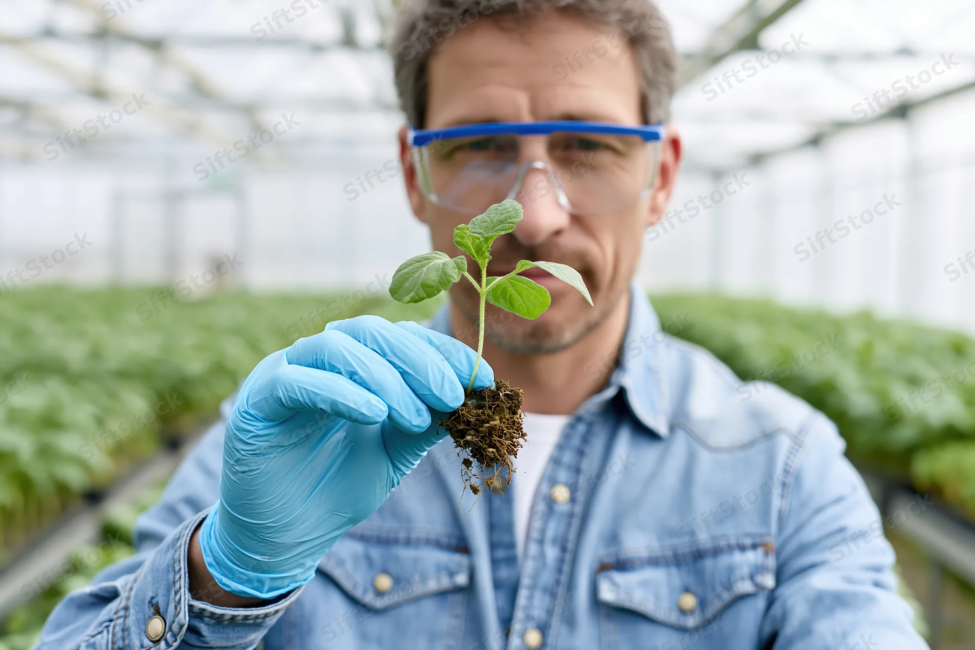 Man in greenhouse holding seedling with roots for inspection