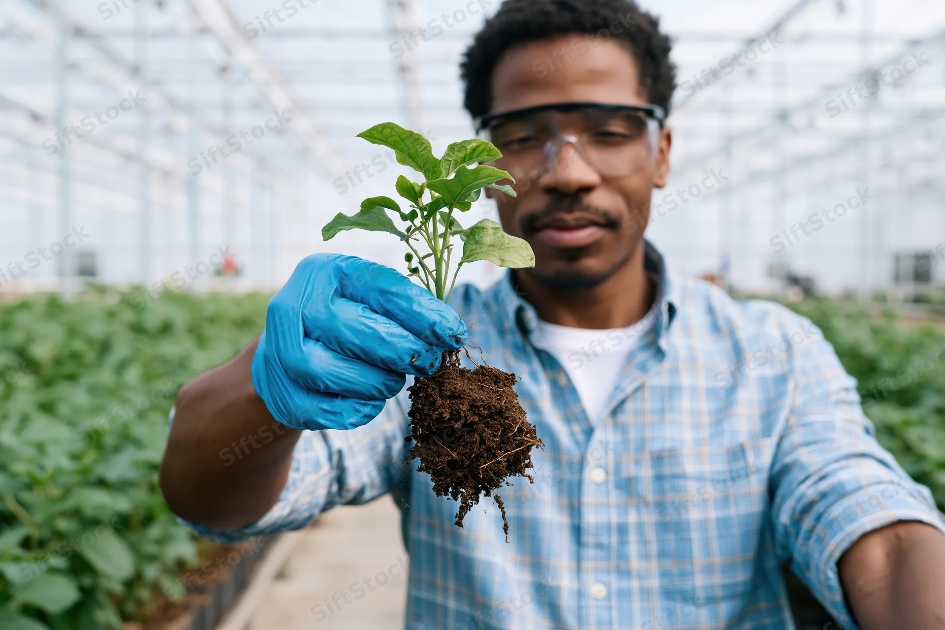 Man holding a seedling with roots and soil in a greenhouse