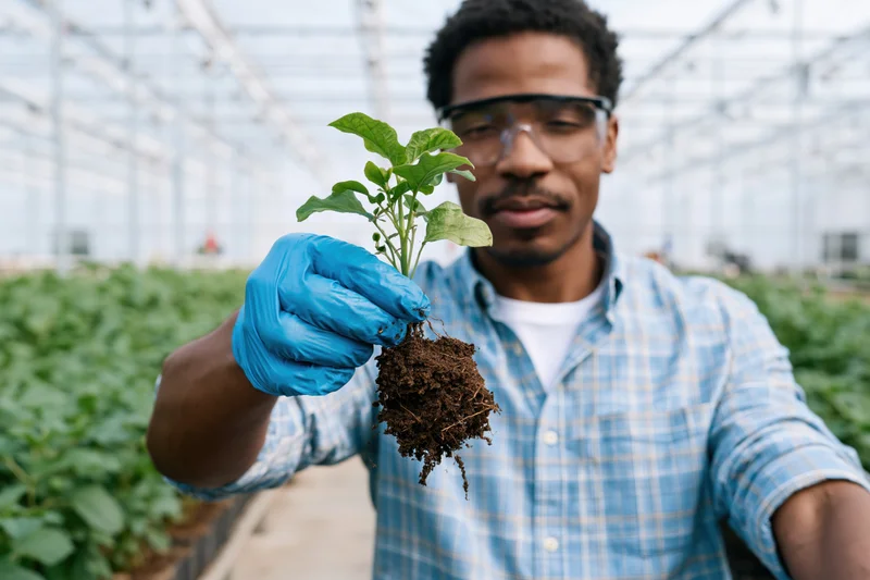 Man holding a seedling with roots and soil in a greenhouse