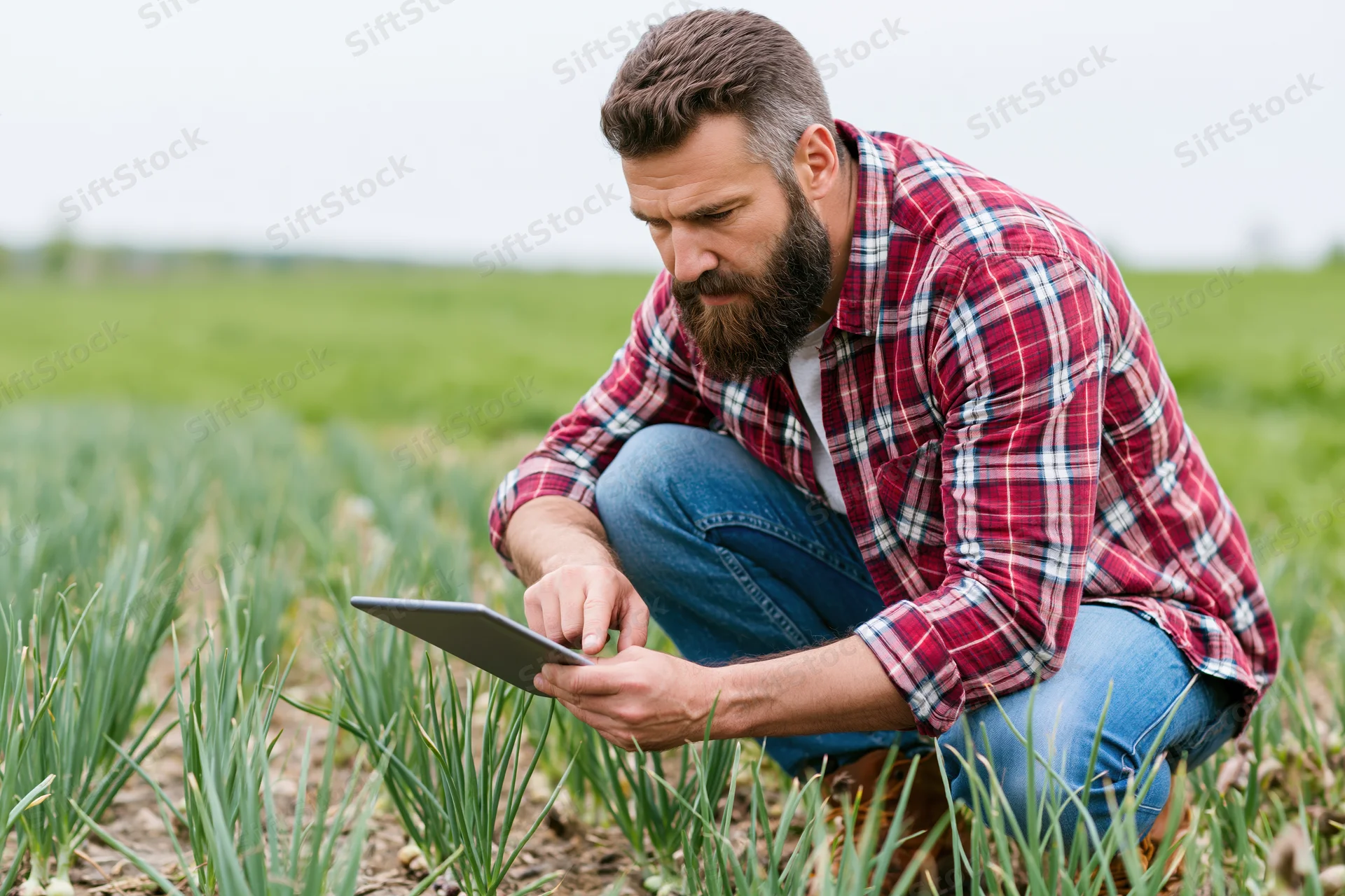 Man crouching in a field of onions using a tablet for crop inspection