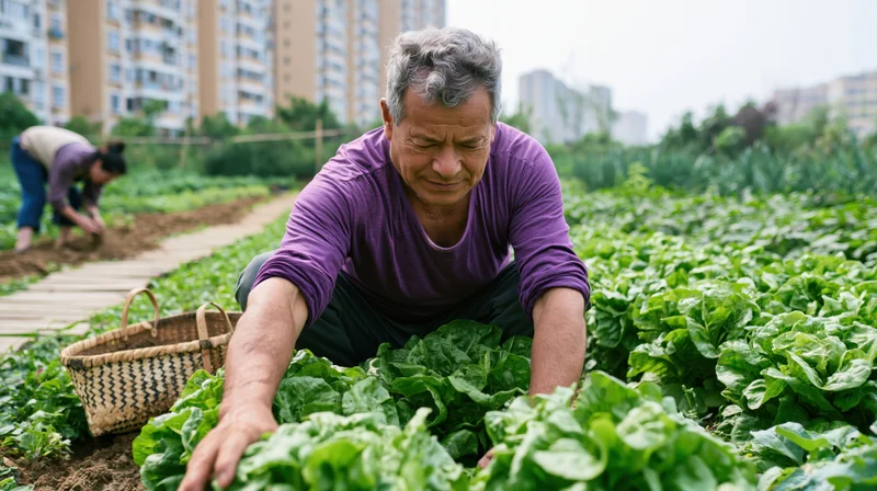 Man tending lettuce in an urban garden with apartment buildings in the background