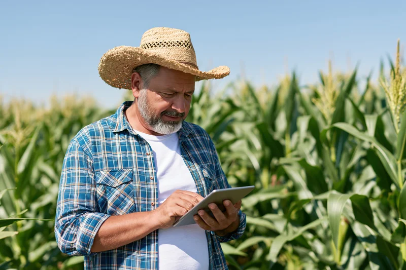 Middle-aged farmer using tablet in cornfield during daytime