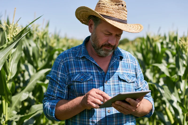 Middle-aged farmer using tablet in cornfield during daytime