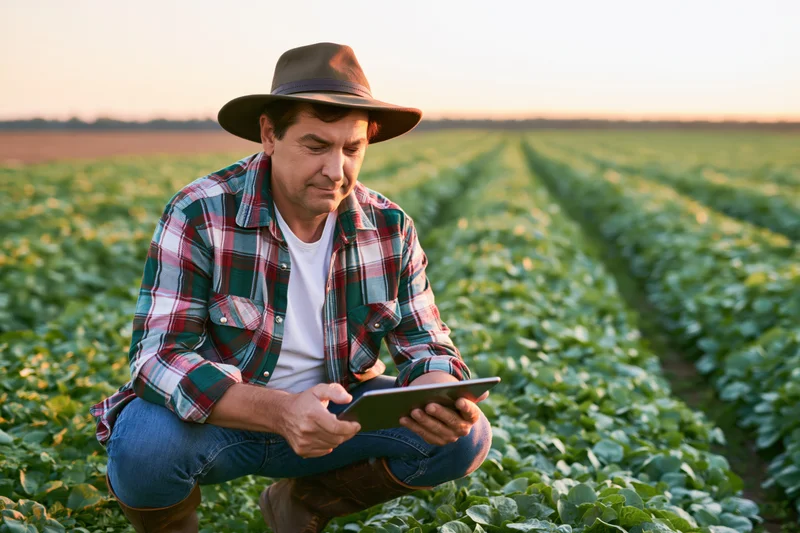 Middle-aged farmer crouching in soybean field using tablet for crop monitoring
