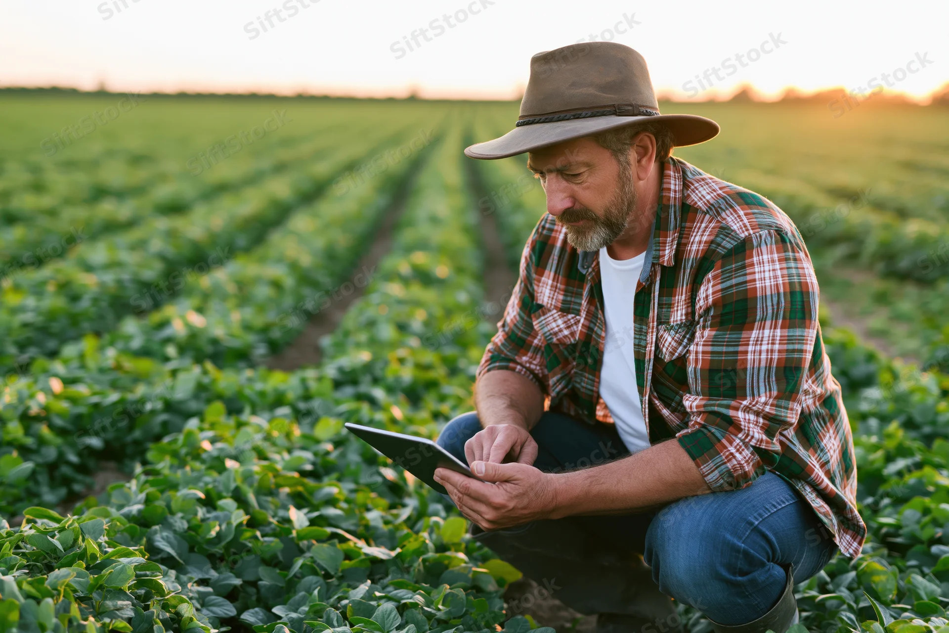 Farmer crouching in a soybean field using a tablet for crop inspection at sunset