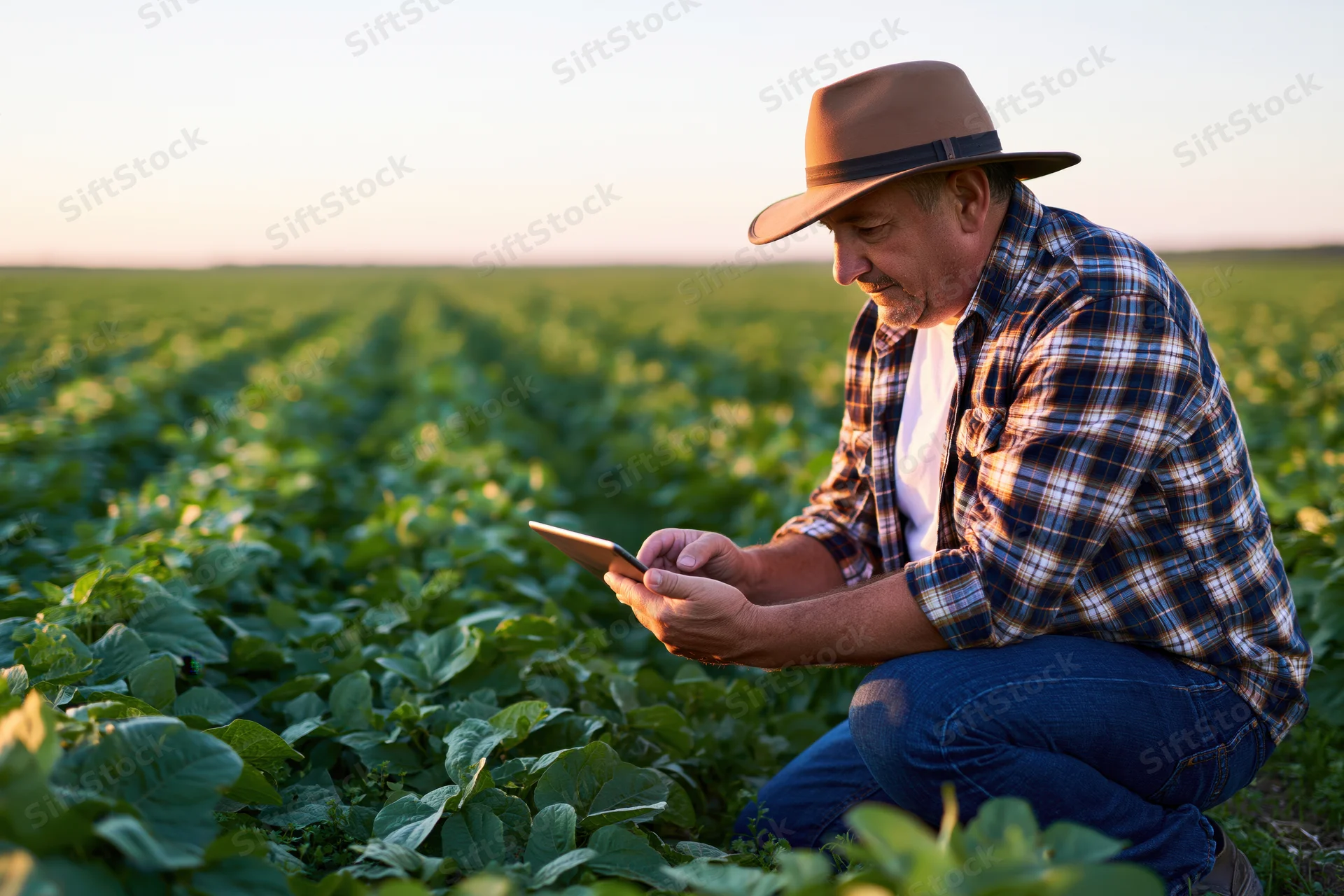 Farmer crouching in a soybean field using a tablet to monitor crops at sunset