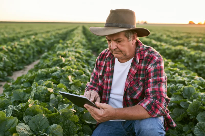 Middle-aged farmer using tablet to inspect cabbage crop in field at sunset