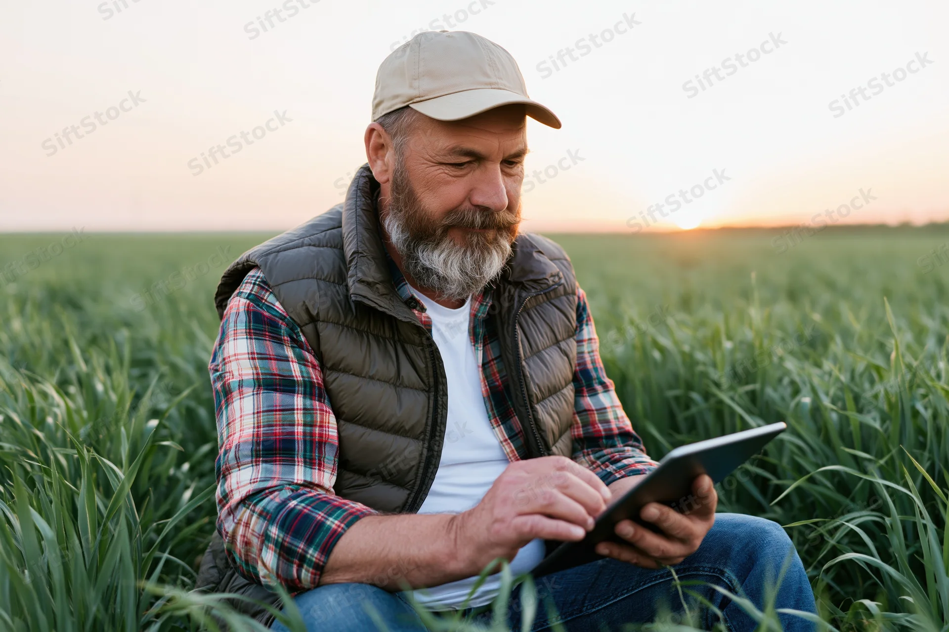 Senior farmer using tablet in wheat field at sunset