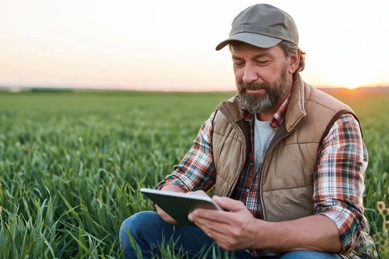 Middle-aged farmer sitting in a wheat field using a tablet during sunset