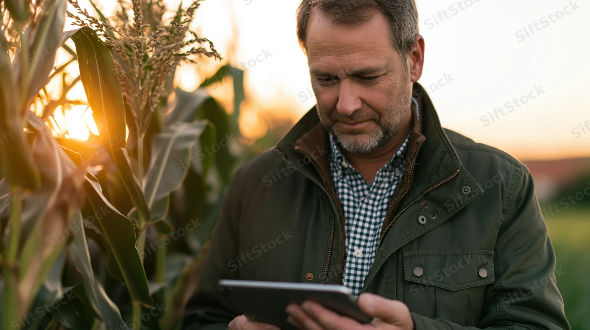 Middle-aged man using tablet while inspecting cornfield at sunset
