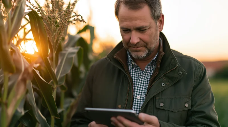 Middle-aged man using tablet while inspecting cornfield at sunset