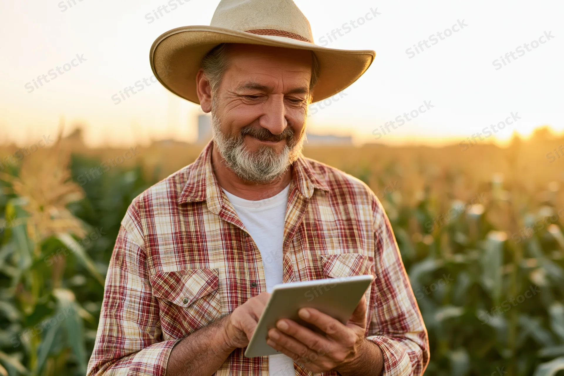 Middle-aged farmer smiling while using tablet in cornfield at sunset