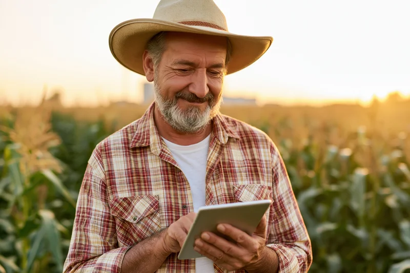 Middle-aged farmer smiling while using tablet in cornfield at sunset