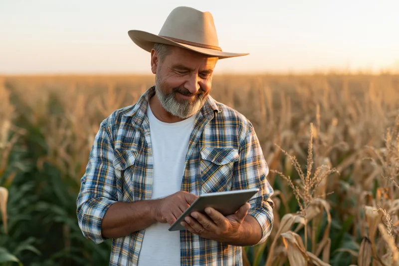 Middle-aged farmer using tablet in cornfield at sunset