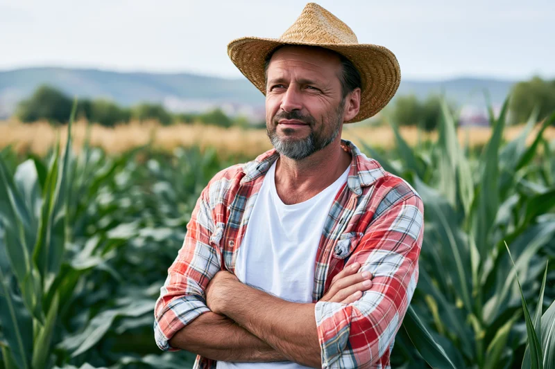 Middle-aged man with arms crossed smiling in a cornfield wearing straw hat and plaid shirt