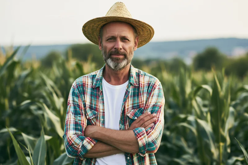Middle-aged man with arms crossed wearing straw hat and plaid shirt standing in cornfield