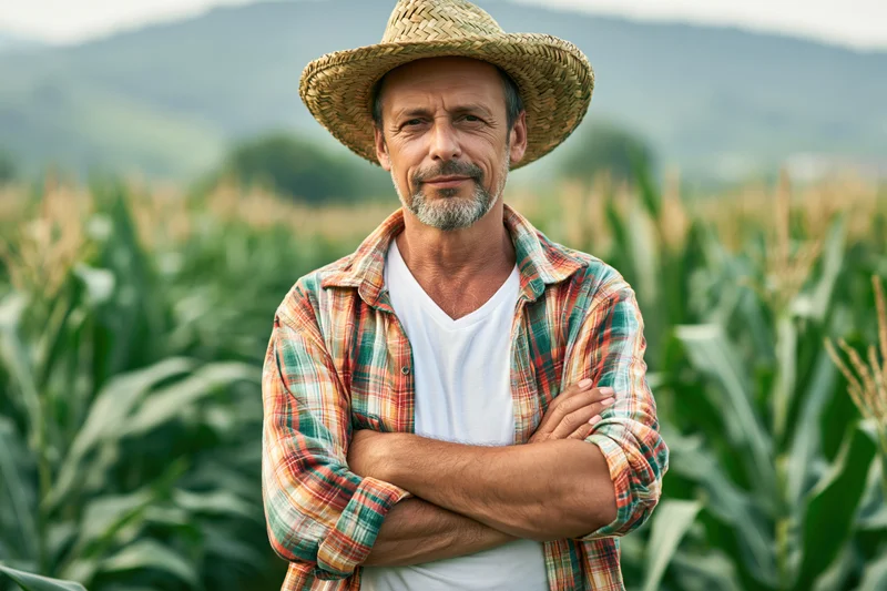 Middle-aged farmer standing with arms crossed in a cornfield