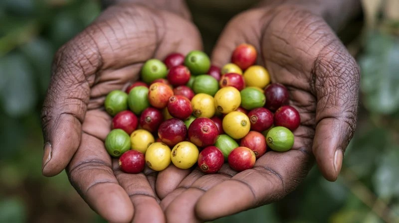 Dark-skinned hands holding a mix of red, green, and yellow coffee cherries in a farm setting