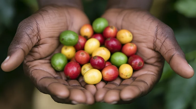 Dark-skinned hands cupped together holding colorful coffee cherries in a farm setting