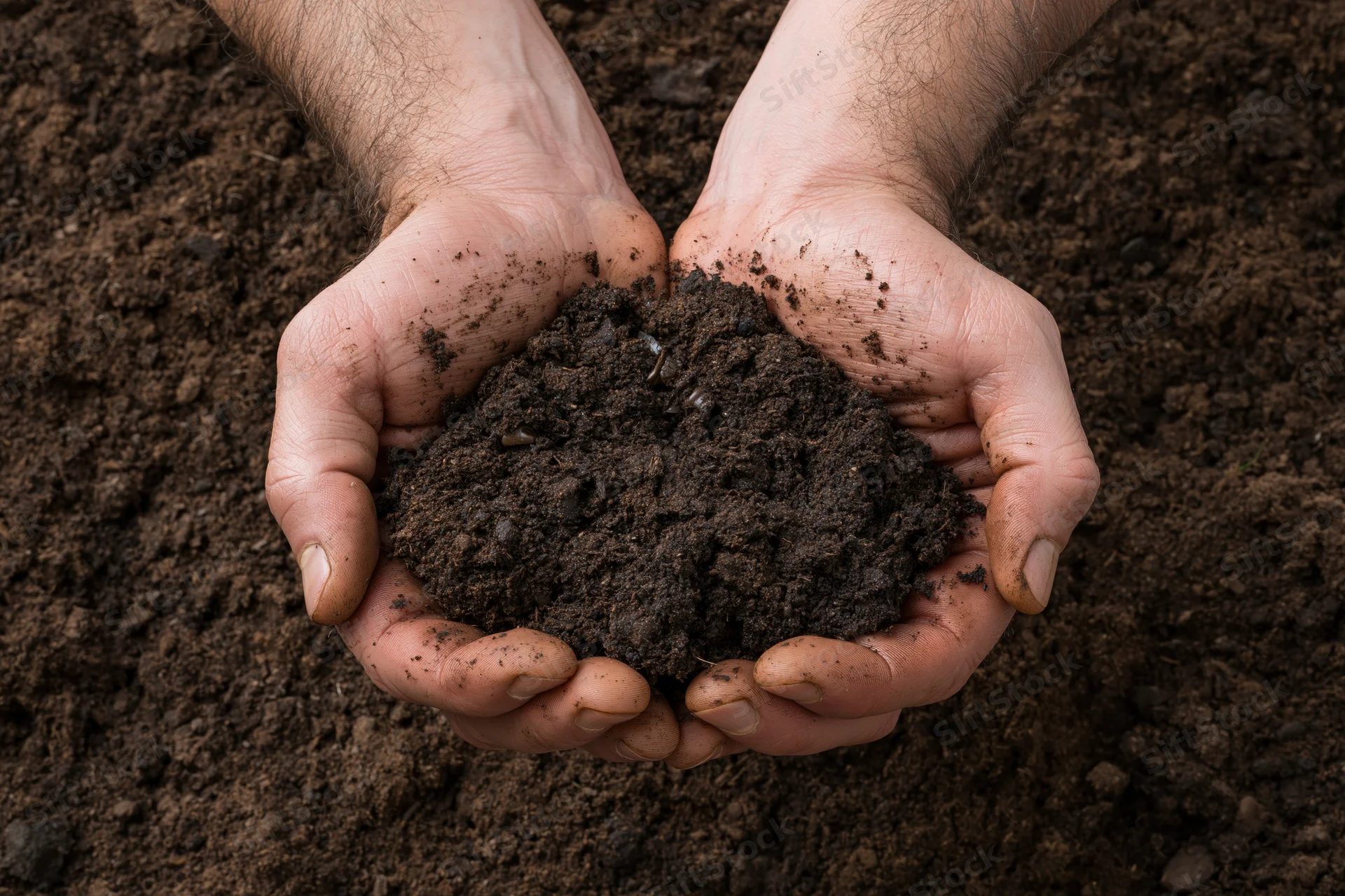 Hands holding rich dark soil in a farming field
