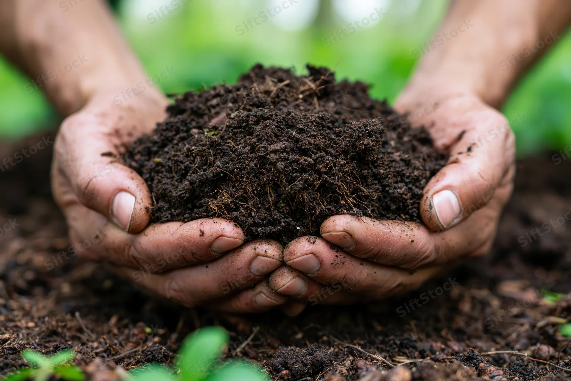 Hands holding rich dark soil in a garden setting