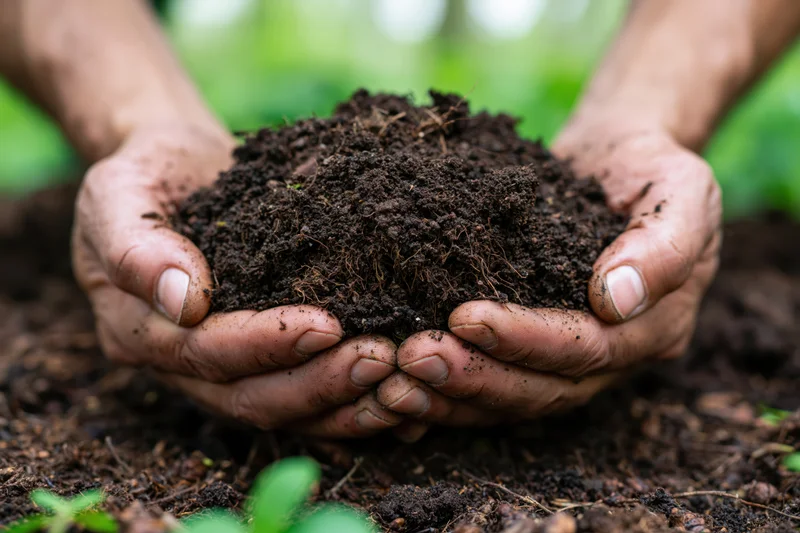 Hands holding rich dark soil in a garden setting