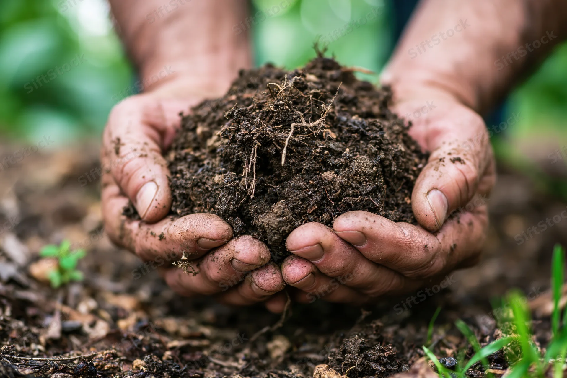Hands holding rich dark soil in a garden setting