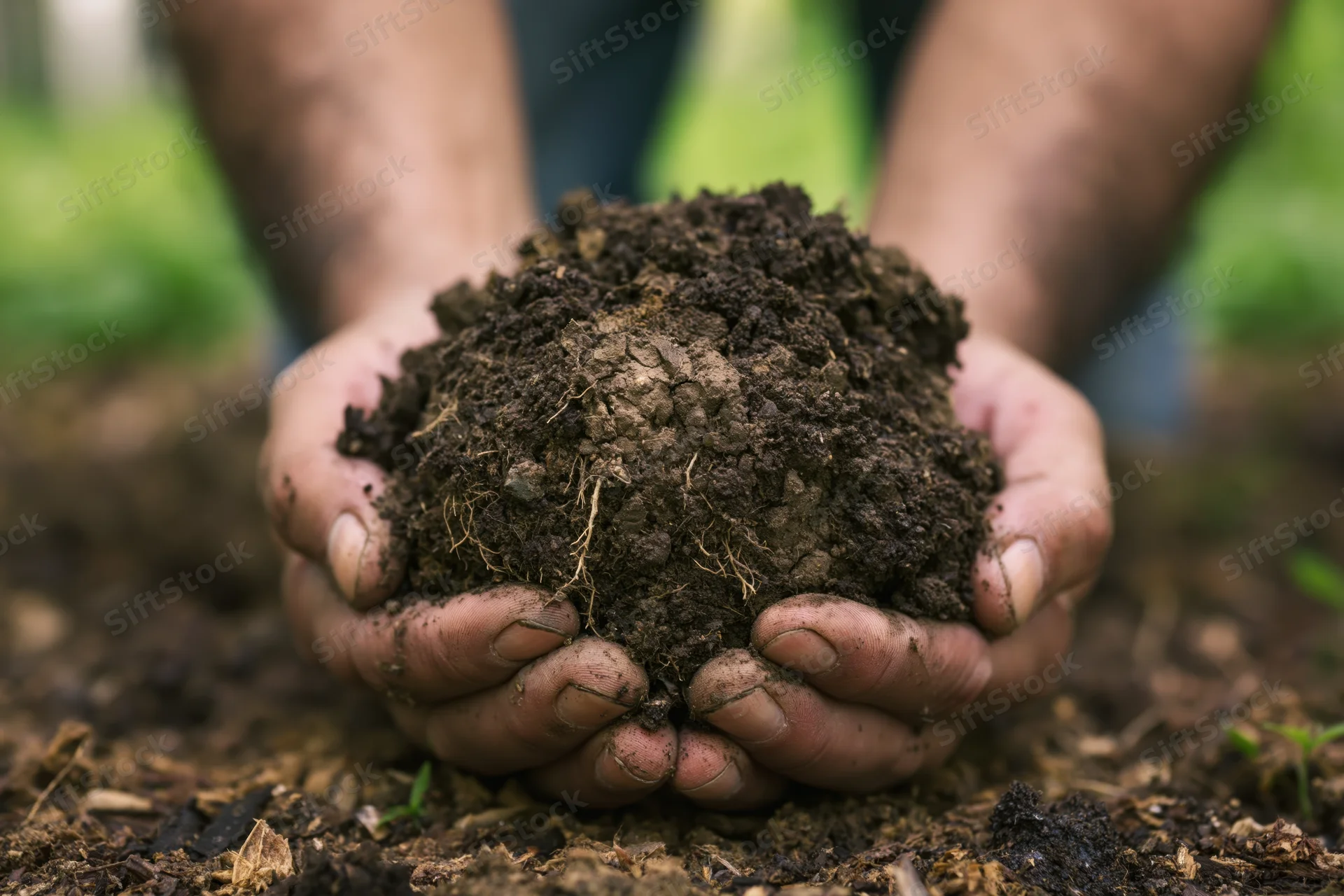 Hands holding rich dark soil in a garden setting