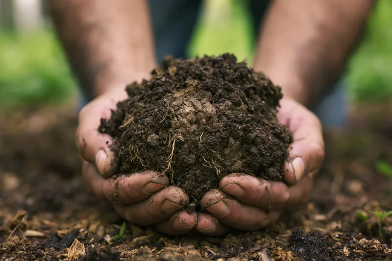 Hands holding rich dark soil in a garden setting