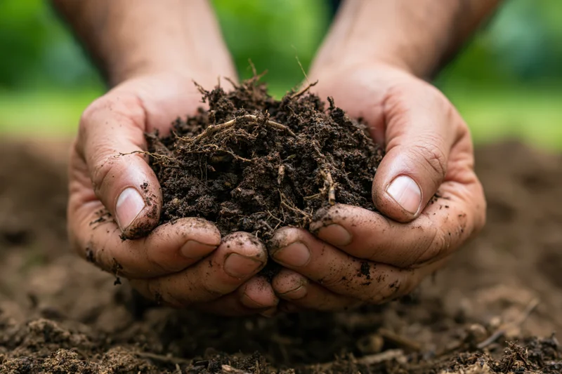 Hands holding rich dark soil in a garden setting