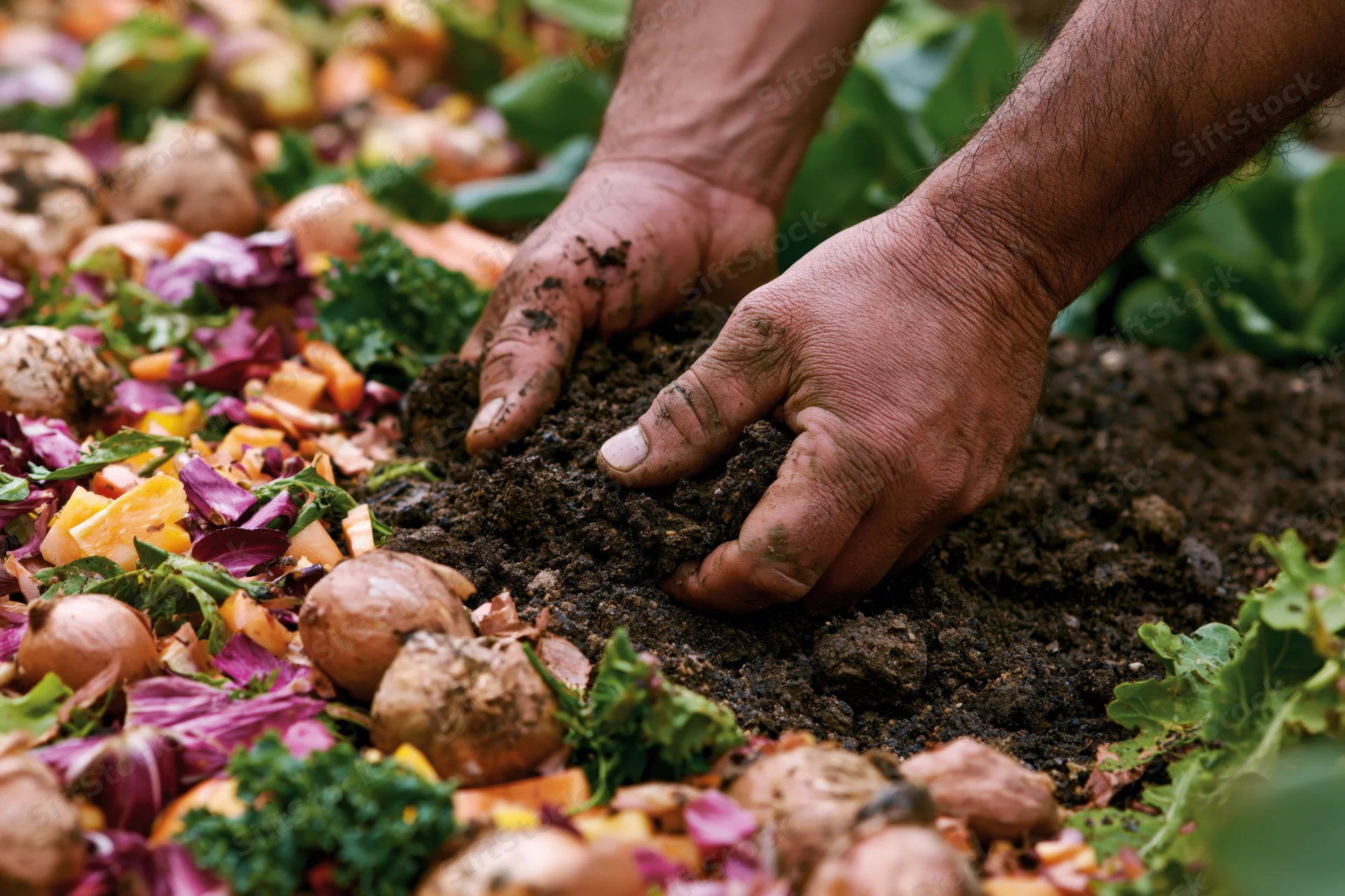 Hands digging into rich soil surrounded by vegetable scraps in a garden bed