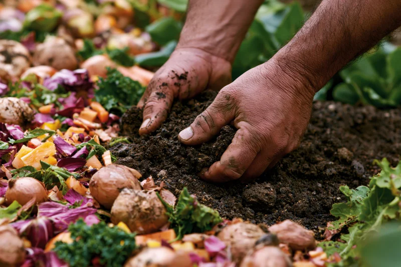 Hands digging into rich soil surrounded by vegetable scraps in a garden bed