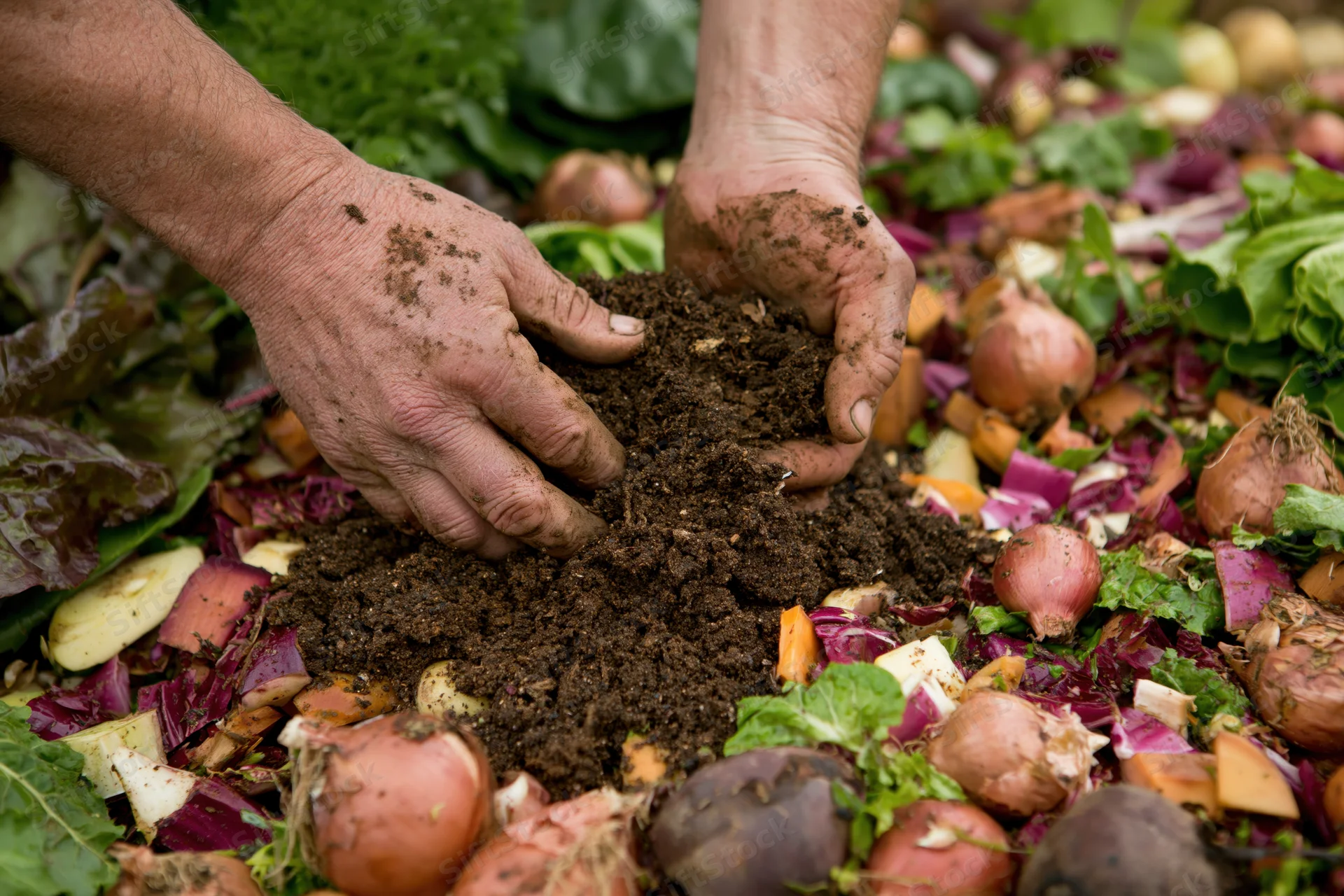 Hands holding dark compost over a pile of vegetable scraps in a garden