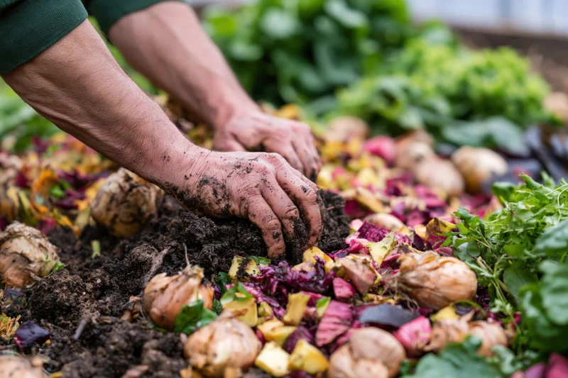 Hands mixing compost with vegetable scraps in a garden bed