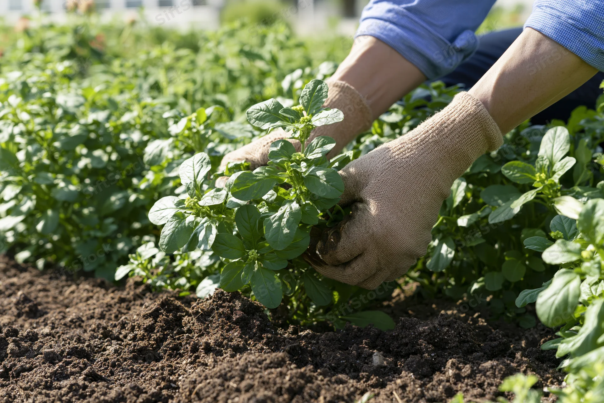 Gloved hands tending leafy green plants in a garden bed