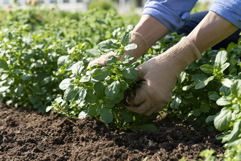 Gloved hands tending leafy green plants in a garden bed
