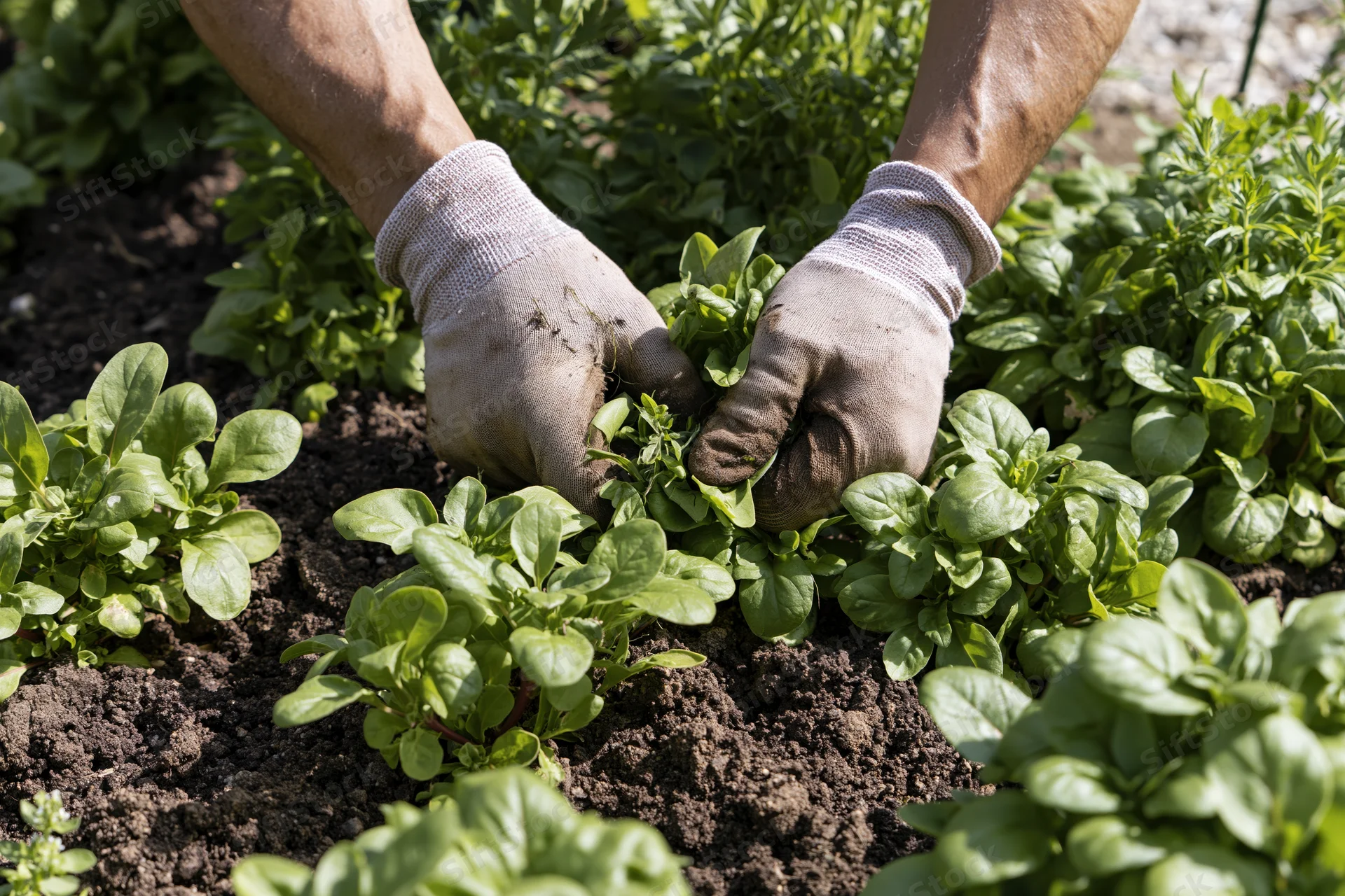Gloved hands tending leafy green plants in garden soil