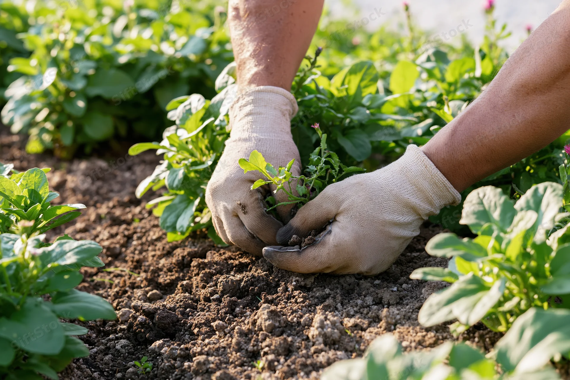 Gloved hands planting a seedling in soil among green leafy plants in a garden