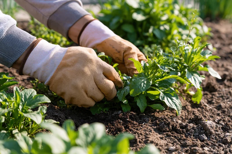 Gloved hands tending young green plants in soil at a garden