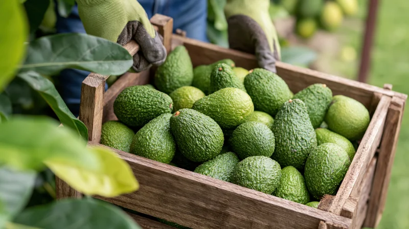 Gloved hands holding a wooden crate filled with fresh avocados in an outdoor farm setting