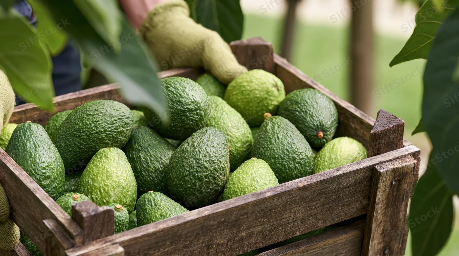 Gloved hands placing avocados into a wooden crate among tree leaves on a farm