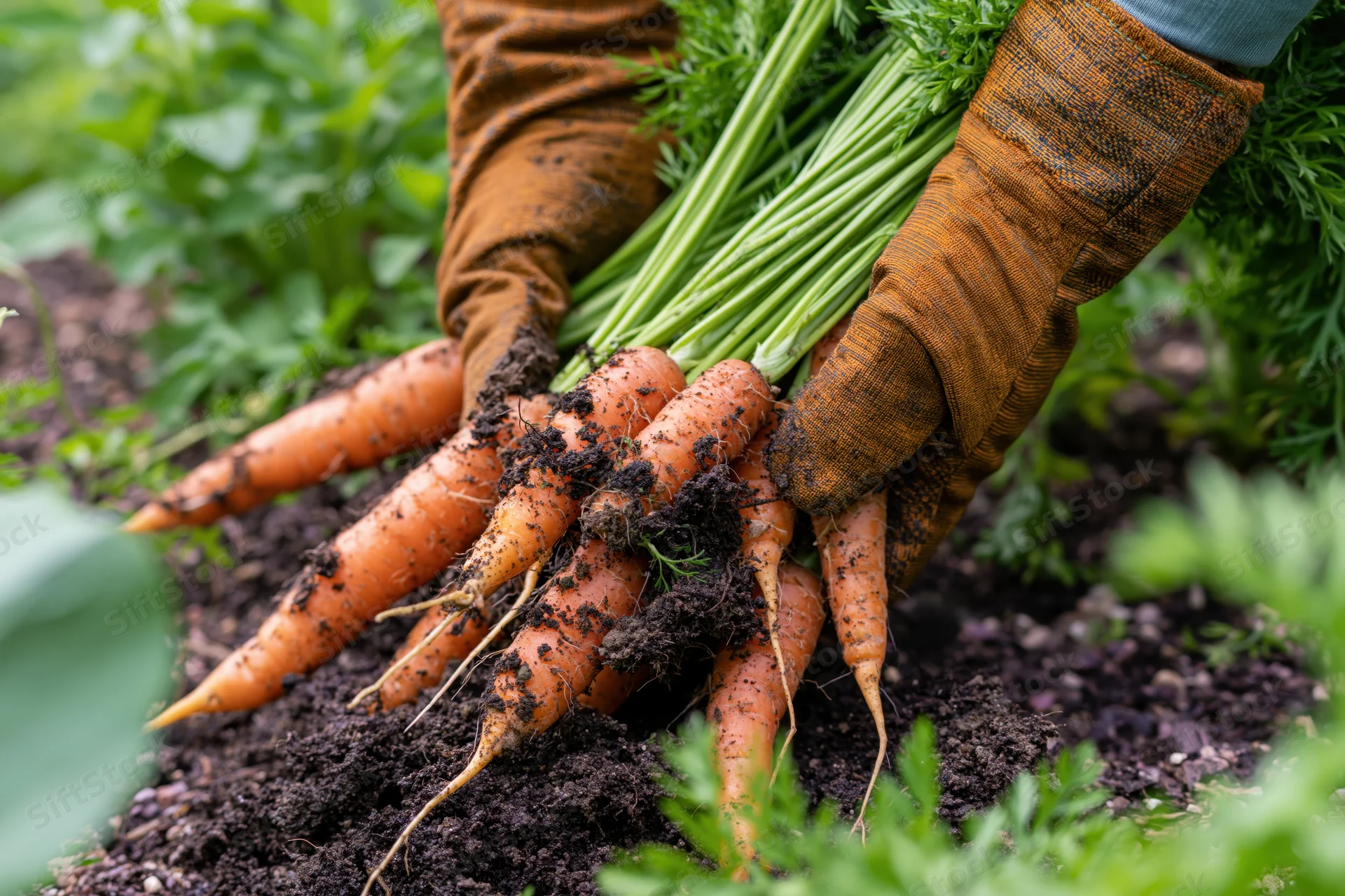 Gloved hands holding freshly pulled carrots in garden soil