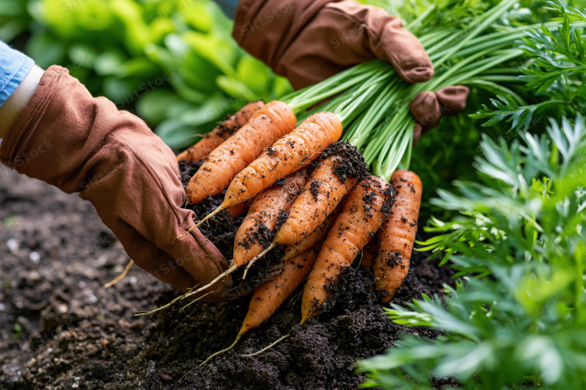 Gloved hands holding freshly pulled carrots from soil in a garden