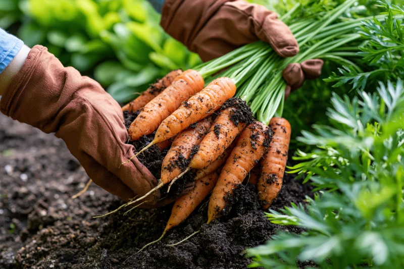 Gloved hands holding freshly pulled carrots from soil in a garden