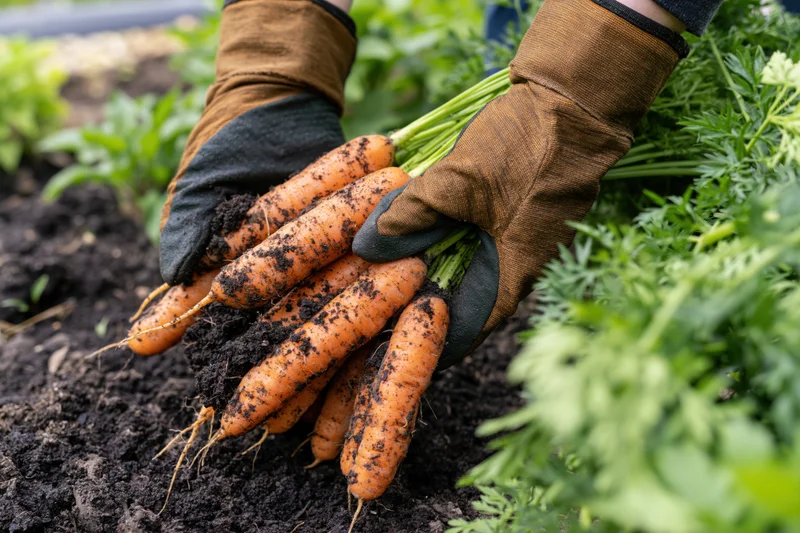 Gloved hands holding freshly pulled carrots in garden soil