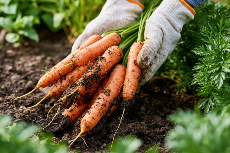 Gloved hands holding freshly harvested carrots in garden soil