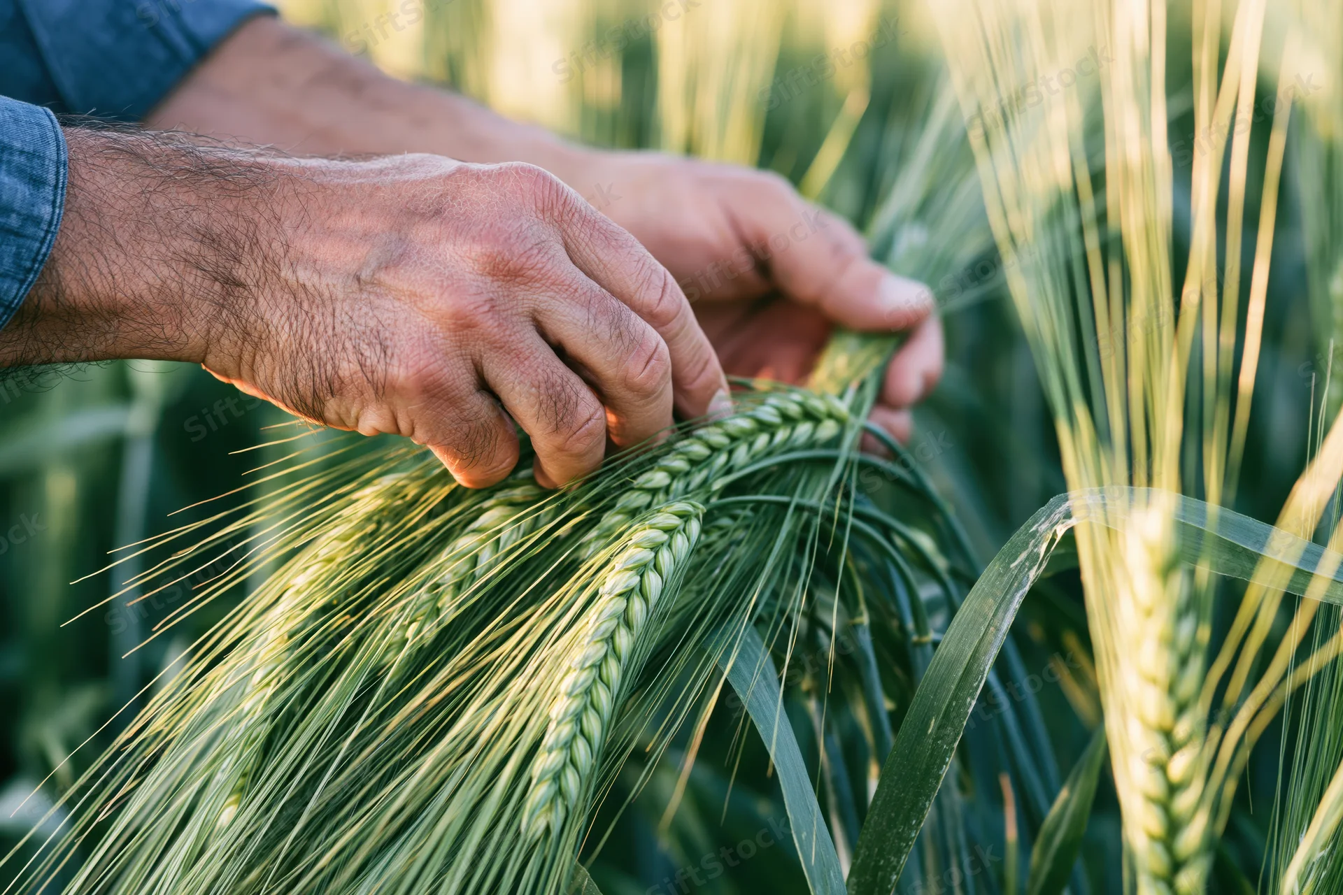 Farmer’s hands inspecting green wheat in a field during daylight