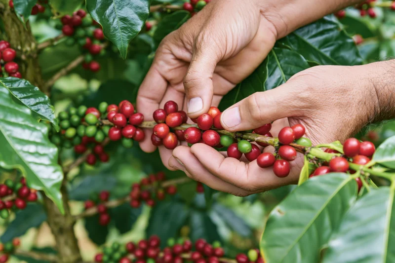 Hands harvesting ripe red coffee cherries from a tree branch in a coffee plantation