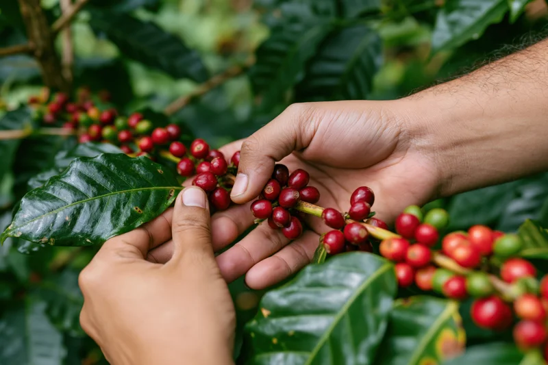 Hands picking ripe red coffee cherries from a branch among green leaves on a farm