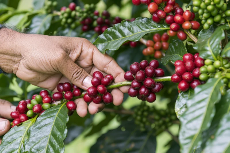 Hands picking ripe red coffee cherries from a leafy branch on a farm